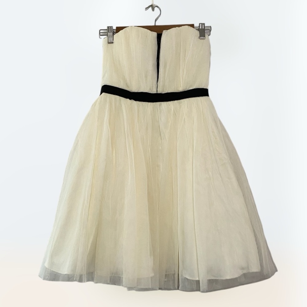 A. Drea sz S Off-White with Black Trim Strapless Tulle Dress with Lace Accents